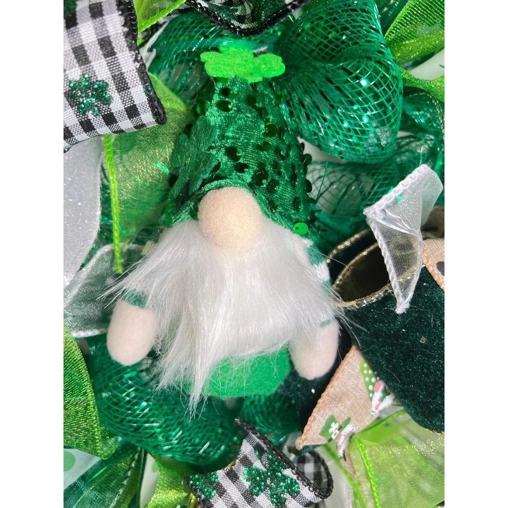 13” St. Patrick’s Day Ribbon Wreath Gnomes : Green & White Handmade MW10